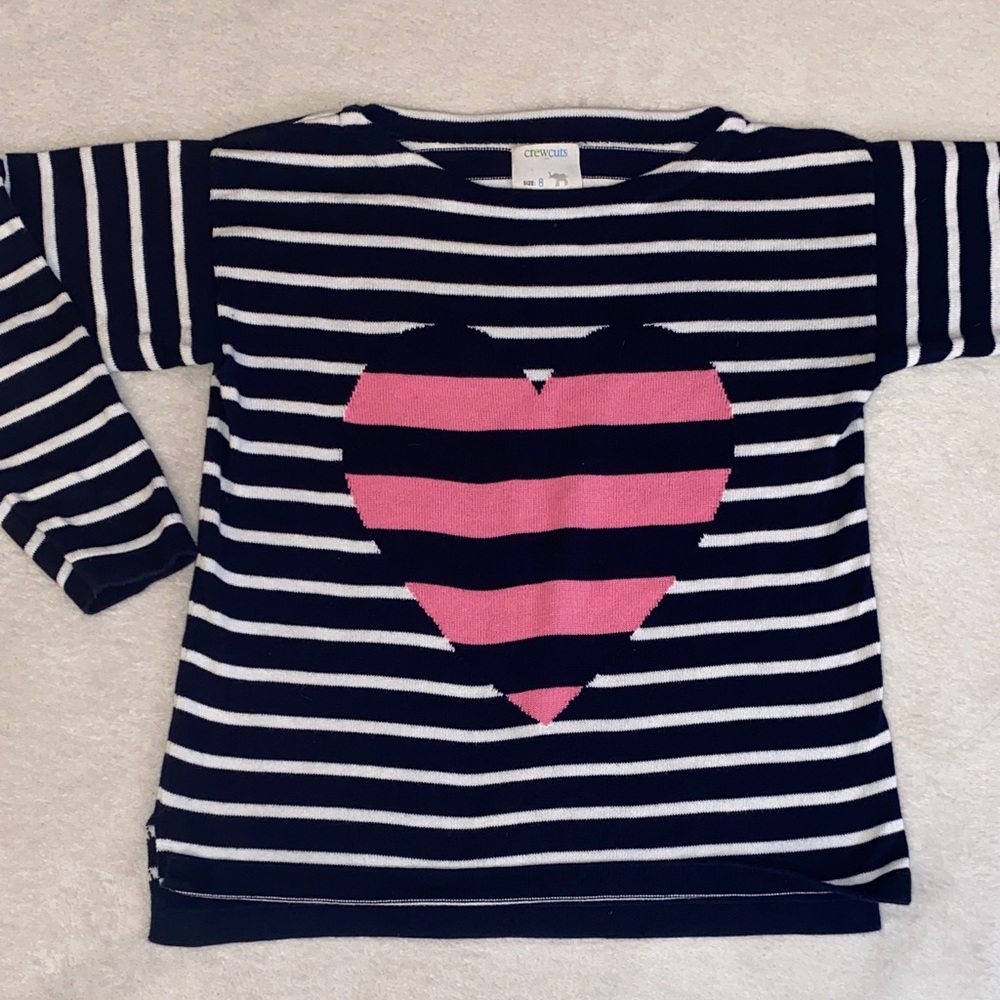 Crewcuts girls pink heart navy white stripe cotton sweater Sz 8